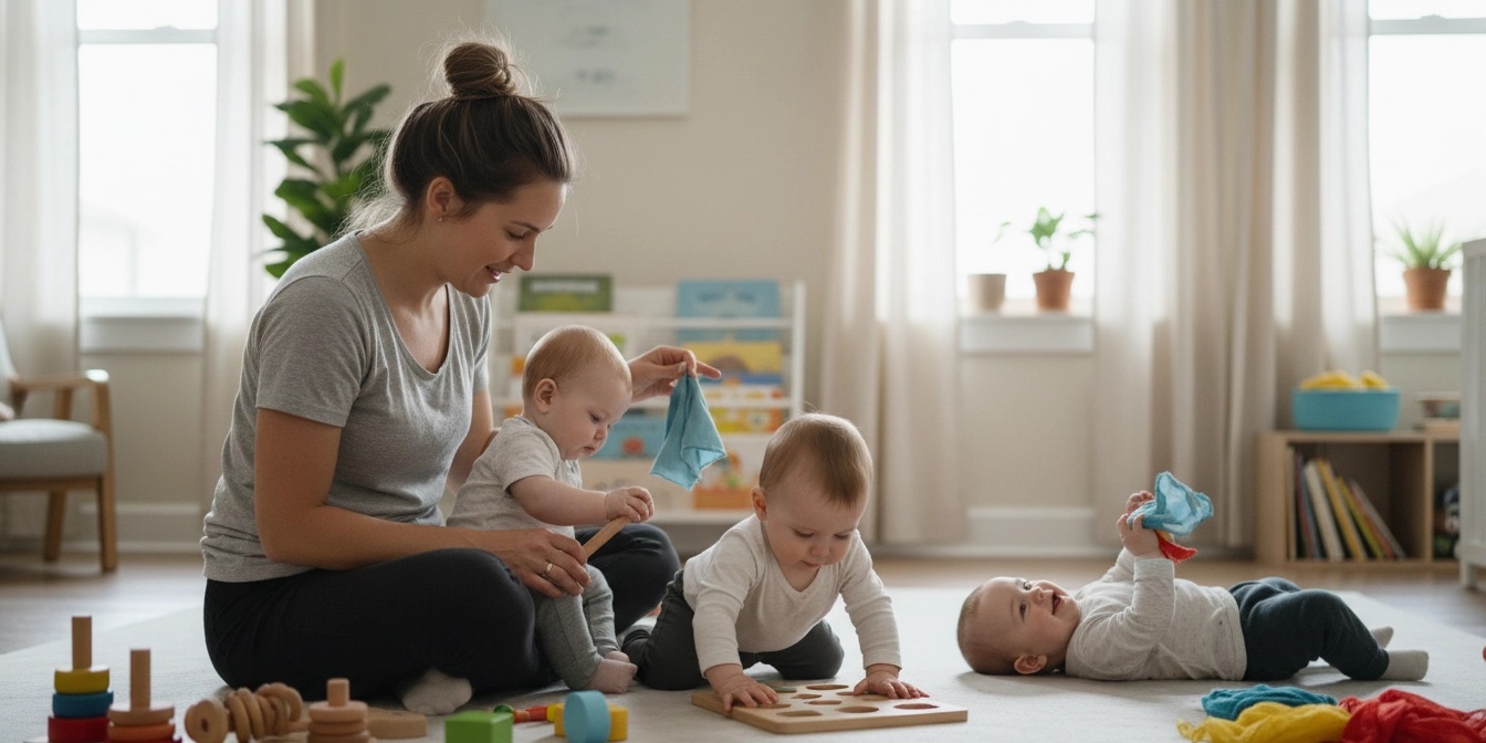 Imagen de un adulto acompañando a varios bebés durante actividades para sala cuna, promoviendo el movimiento libre, el contacto y el juego sensorial como parte de actividades entretenidas para sala cuna y actividades para niños de sala cuna, en un entorno seguro que favorece el desarrollo emocional y cognitivo temprano.
