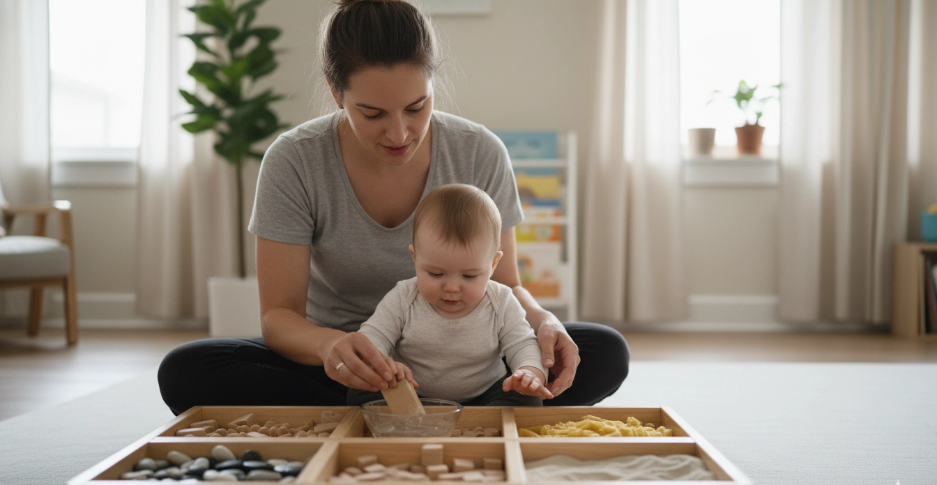 Imagen que muestra a un adulto acompañando a un bebé en actividades sensoriales para sala cuna, utilizando materiales suaves y naturales para estimular el tacto, el movimiento y la regulación emocional, reflejando cómo las actividades sensoriales para sala cuna favorecen el desarrollo neurológico temprano en un entorno seguro y respetuoso.