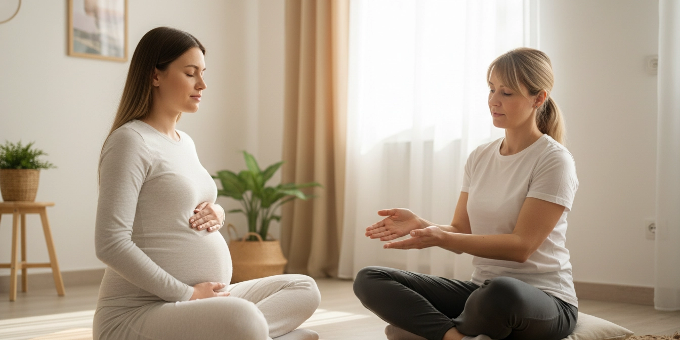 Mujer embarazada realizando preparacion para el parto psicoprofilactico mediante ejercicios de respiración y conciencia corporal como parte de un Curso psicoprofiláctico orientado a reducir el miedo y mejorar la experiencia del parto.
