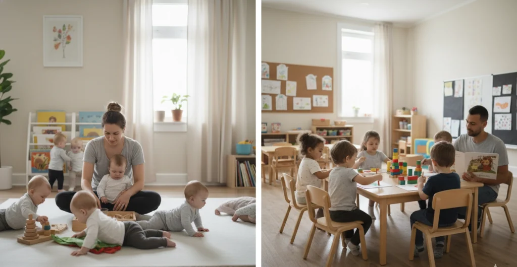 Imagen comparativa que muestra claramente la diferencia entre sala cuna y jardín infantil, con bebés recibiendo cuidado cercano en sala cuna y niños mayores participando en actividades guiadas en jardín infantil, reflejando las distintas necesidades de desarrollo, vínculo y aprendizaje en cada etapa.