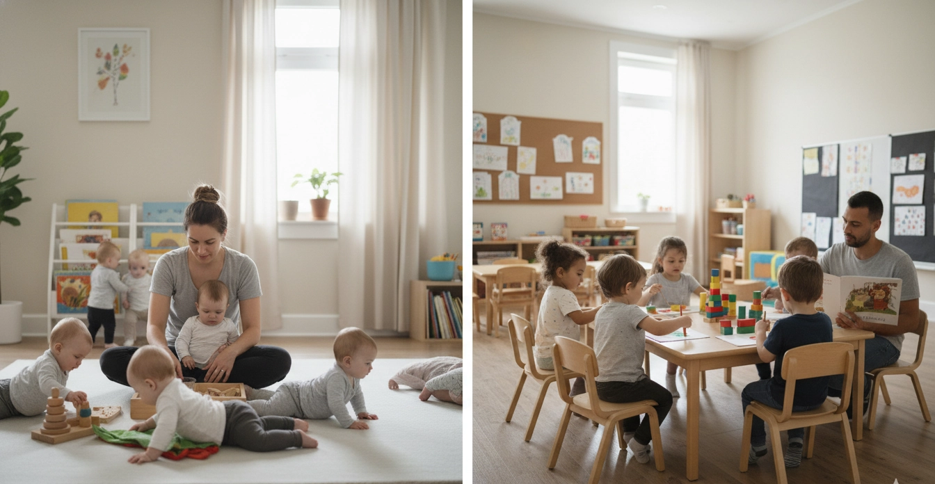 Imagen comparativa que muestra claramente la diferencia entre sala cuna y jardín infantil, con bebés recibiendo cuidado cercano en sala cuna y niños mayores participando en actividades guiadas en jardín infantil, reflejando las distintas necesidades de desarrollo, vínculo y aprendizaje en cada etapa.