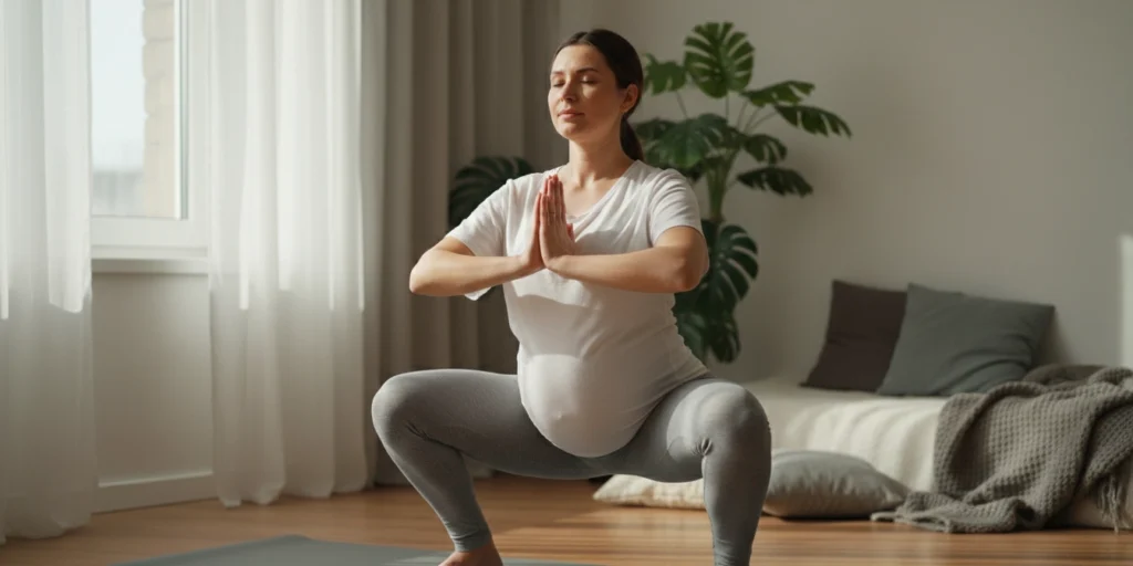 Imagen de una mujer embarazada practicando ejercicios de preparacion del cuerpo para el parto en su hogar, realizando movilidad pélvica y respiración consciente como parte de una preparación física para el embarazo parto y postparto, en un entorno cálido y realista que refleja control corporal, calma y entrenamiento funcional orientado al nacimiento.