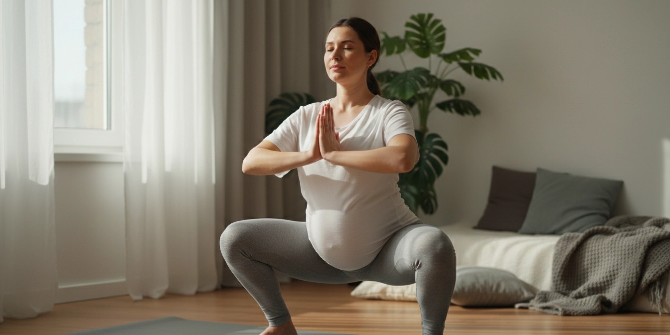Imagen de una mujer embarazada practicando ejercicios de preparacion del cuerpo para el parto en su hogar, realizando movilidad pélvica y respiración consciente como parte de una preparación física para el embarazo parto y postparto, en un entorno cálido y realista que refleja control corporal, calma y entrenamiento funcional orientado al nacimiento.