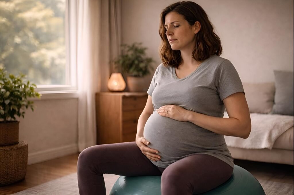 Mujer embarazada en su tercer trimestre sentada sobre una pelota de parto en su hogar, con las manos apoyadas sobre el abdomen mientras realiza respiración profunda y consciente. Tiene los ojos cerrados y una expresión de concentración y calma. El espacio es luminoso y tranquilo, con luz natural entrando por una ventana y una decoración sencilla, transmitiendo preparación física, autonomía y conexión corporal para el parto.