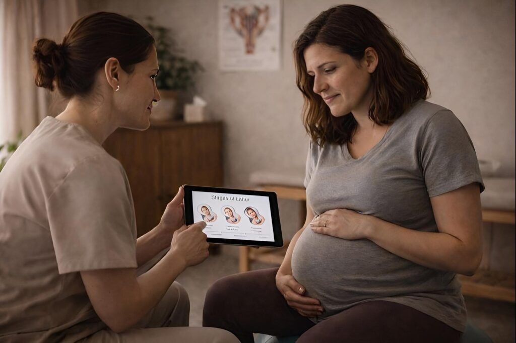 Mujer embarazada en el tercer trimestre sentada cómodamente junto a una profesional de la salud en un espacio tranquilo de consulta prenatal, mientras revisan material educativo sobre el parto en una tableta. La mujer escucha con atención y serenidad, con una mano apoyada sobre su vientre, en un ambiente cálido con luz natural que transmite confianza, preparación informada y calma emocional.
