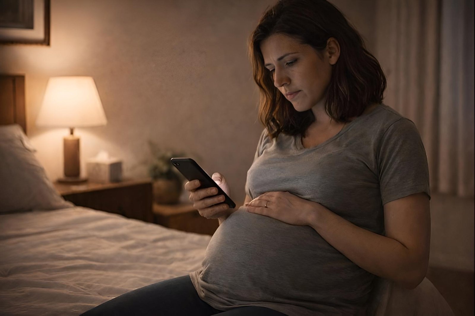 Mujer embarazada en su tercer trimestre sentada sola en su habitación por la noche, iluminada por una luz cálida de una lámpara. Apoya una mano sobre su vientre y sostiene un teléfono móvil con la otra, con expresión de preocupación y cansancio. Su postura es ligeramente encorvada y su mirada está baja, transmitiendo incertidumbre emocional en un entorno doméstico tranquilo y silencioso.