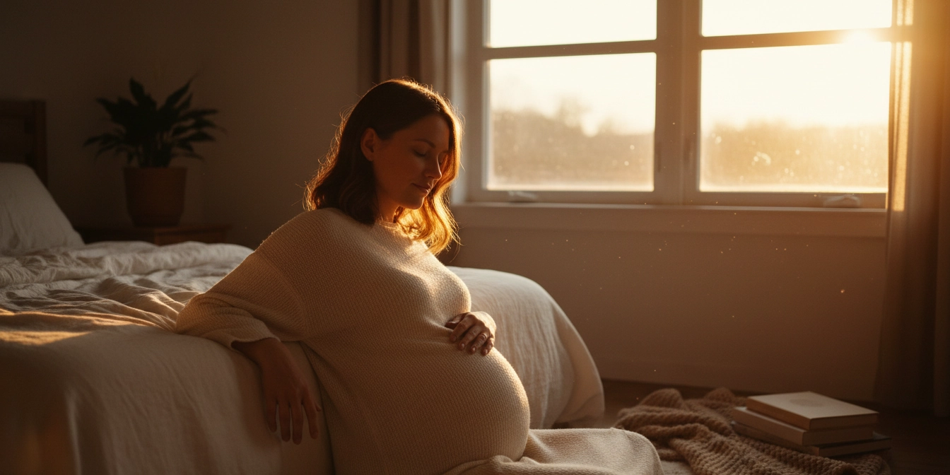 Mujer embarazada en el tercer trimestre sentada en su habitación con luz cálida, tocando su vientre mientras experimenta síntomas de preparación para el parto, reflejando cambios físicos y emocionales previos al nacimiento.