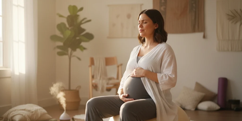 Mujer embarazada aplicando educación y preparación para el parto técnicas de afrontamiento mediante respiración consciente y movimiento corporal, como parte de un curso prenatal enfocado en reducir el miedo y mejorar la experiencia del parto.