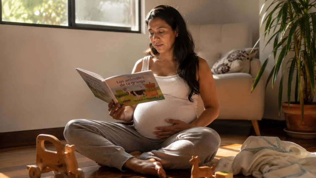 Mujer embarazada en su tercer trimestre sentada en el suelo de su hogar con luz natural cálida, leyendo un libro ilustrado en voz alta con una mano apoyada sobre su vientre, rodeada de juguetes de madera y telas suaves que evocan las actividades rectoras de la primera infancia —juego, literatura, arte y exploración— como parte de una preparación prenatal consciente, informada y conectada con el desarrollo del bebé desde antes del nacimiento.